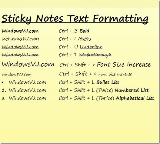 sticky notes shortcuts